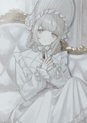  1girl absurdres bonnet braid braided_hair_rings brooch chinstrap commentary couch dot_nose dress fingernails frilled_bonnet frilled_dress frilled_shirt_collar frills grey_eyes grey_hair hair_rings hands_up highres holding holding_knife indoors jewelry kitchen_knife knee_up knife lolita_fashion long_sleeves looking_to_the_side n4adoe necklace on_couch original parted_lips pearl_necklace sidelocks sitting symbol-only_commentary white_bonnet white_dress 