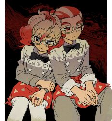  0pkmn 1boy 1girl averting_eyes black_bow black_bowtie bow bowtie expressionless feet_out_of_frame glasses gradient_hair grey_pants griselle_(pokemon) grisham_(pokemon) hair_pulled_back hand_on_own_arm highres jewelry leaning_on_person lower_eyelashes_only multicolored_hair one_eye_closed own_hands_together pants pillarboxed pokemon pokemon_legends:_z-a ponytail red_eyes red_hair ring sitting split_ponytail thick_eyebrows two-tone_hair wavy_hair white-framed_eyewear white_pants 