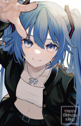  1girl 39 absurdres aqua_eyes aqua_hair belt black_skirt breasts chain chain_necklace collarbone english_commentary english_text fingernails gakuran hair_tie happy_birthday hatsune_miku highres incoming_headpat jacket jewelry light_blush long_hair long_sleeves looking_at_viewer midriff navel necklace open_clothes open_jacket reaching reaching_towards_viewer sakuma_kou school_uniform skirt small_breasts smile solo sports_bra stomach twintails vocaloid white_sports_bra 