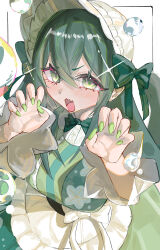  1girl absurdres apron blush bonnet breasts bubble claw_pose collar colored_inner_hair cowboy_shot crossed_bangs fang fingernails floral_print floral_print_kimono flower-shaped_pupils flower_hairpin frilled_bonnet frilled_collar frills from_above furrowed_brow green_eyes green_hair green_kimono green_nails green_ribbon hair_ribbon highres japanese_clothes kimono kimono_skirt koutauros420915 large_breasts long_fingernails long_hair long_sleeves looking_at_viewer maid_apron multicolored_hair neck_ribbon nijisanji open_mouth print_kimono ribbon simple_background skin_fang solo sparkle symbol-shaped_pupils togawa_nonoha v-shaped_eyebrows virtual_youtuber waist_apron white_background white_bonnet white_ribbon white_sleeves 