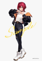  1girl ange_katrina ange_katrina_(5th_costume) belt belt_buckle black_choker black_jacket black_pants blue_eyes brown_belt buckle choker commentary_request copyright_notice denim double_v earrings full_body hair_between_eyes hair_intakes hair_ornament hairclip hands_up high_tops jacket jeans jewelry kawaguchi_(mojacome) long_sleeves looking_at_viewer nijisanji off_shoulder official_alternate_costume official_art open_clothes open_jacket padded_jacket pants pendant_choker red_hair sample_watermark shirt shirt_tucked_in shoes short_hair simple_background single_earring sleeves_past_wrists sneakers solo standing t-shirt torn_clothes torn_jeans torn_pants two-sided_fabric two-sided_jacket v virtual_youtuber watermark white_background white_shirt white_shoes wolf_cut zipper zipper_pull_tab 