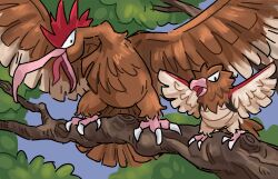  absurdres azidoazide-art beak bird brown_feathers day evolutionary_line fearow feathered_wings feathers highres no_humans on_branch outdoors pokemon pokemon_(creature) spearow wings 