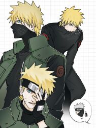  2boys black_gloves black_headband chibi chibi_inset commentary_request cosplay fingerless_gloves flak_jacket forehead_protector gloves green_vest hatake_kakashi hatake_kakashi_(cosplay) headband headband_over_one_eye highres jacket konohagakure_anbu_uniform konohagakure_symbol male_focus mask mouth_mask multiple_boys naruto_(series) naruto_shippuuden notane_n spiky_hair thumbs_up turtleneck uzumaki_naruto vest 