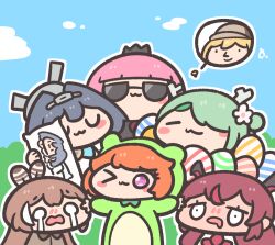  6+girls :3 =_= animal_costume antlers blue_hair blue_sky blunt_bangs blush blush_stickers body_pillow brown_hair ceres_fauna chibi chibi_only closed_eyes closed_mouth clouds commentary crown crying crying_with_eyes_open day drooling easter_egg egg english_commentary eyelashes flat_color flower frog_costume frogiwawa green_hair hair_flower hair_ornament hair_over_one_eye hairband halo holding holding_pillow hololive hololive_english horns irys_(hololive) mori_calliope mouth_drool multicolored_hair multiple_girls nanashi_mumei o_o open_mouth orange_hair ouro_kronii outdoors outline outstretched_arms pillow pink_hair sky smile spread_arms streaked_hair streaming_tears sunglasses takanashi_kiara tears u_u underdatv violet_eyes virtual_youtuber watson_amelia white_flower white_hair white_outline 