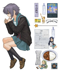  3girls absurdres asakura_ryoko black_cardigan black_socks blue_eyes blue_hair blue_sailor_collar blue_skirt brown_shoes calico_(pattern) calico_cat cardigan chibi closed_eyes curry curry_rice food glasses green_eyes green_hair highres id_card kimidori_emiri kita_high_school_uniform kneehighs loafers long_sleeves lying multiple_girls nagato_yuki nuka_(wrdn3774) on_side open_cardigan open_clothes paper purple_hair red_ribbon ribbon rice sailor_collar school_uniform serafuku shamisen_(suzumiya_haruhi) shoes short_hair skirt sleeping socks suzumiya_haruhi_no_yuuutsu unworn_eyewear winter_uniform 