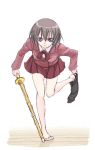  as-special barefoot feet kawazoe_tamaki satou_atsuki school_uniform shinai single_sock skirt sock_pull socks solo standing_on_one_leg sword weapon 