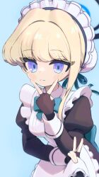  1girl absurdres back_bow black_dress black_gloves black_halo blonde_hair blue_archive blue_background blue_bow blue_bowtie blue_eyes blurry blurry_background blush bow bowtie breasts closed_mouth clothes_grab commentary_request double_v dress fingerless_gloves frown gloves halo highres juliet_sleeves long_sleeves looking_at_viewer maid_headdress partial_commentary puffy_sleeves solo suwasui toki_(blue_archive) v 