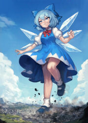  1girl blue_bow blue_eyes blue_hair blue_sky bow breasts cirno city clouds commentary_request destruction dress evil_smile full_body giant giantess hair_bow ice ice_wings medium_dress medium_hair mountain puffy_short_sleeves puffy_sleeves short_sleeves sky small_breasts smile smoke socks solo stomping touhou v-shaped_eyebrows white_socks wings yilx 