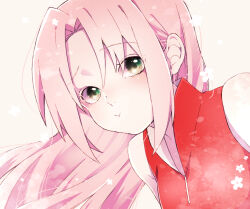  1girl commentary_request flower green_eyes haruno_sakura leaning_forward long_hair naruto_(classic) naruto_(series) no_hairband pink_hair portrait pout solo toco_(love-hmhm-tocotoco) 