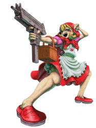  1girl absurdres b.b._hood blonde_hair blue_eyes clenched_hand commentary darkstalkers gun highres holding holding_gun holding_weapon hood hood_up nojob_hiro red_hood sharp_teeth short_hair simple_background solo teeth weapon white_background 