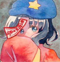  1girl black_hair blue_eyes blue_hat blush commentary_request covering_own_mouth grey_background hand_over_own_mouth hat hat_ornament jiangshi looking_at_viewer miyako_yoshika newsboy_cap ofuda painting_(medium) pppppks red_shirt shirt short_hair sleeves_past_fingers sleeves_past_wrists solo star_(symbol) star_hat_ornament touhou traditional_media upper_body watercolor_(medium) 