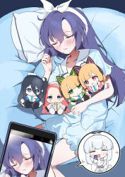  2girls :d ^_^ absurdres animal_ear_headphones animal_ears animal_print aris_(blue_archive) blonde_hair blue_archive blue_eyes blue_necktie blue_pajamas blue_shirt blue_shorts blunt_bangs blush blush_stickers bow cat_ear_headphones cat_ears cat_print cellphone character_doll closed_eyes closed_mouth collared_shirt commentary doll facing_viewer fake_animal_ears female_pov frown fumo_(doll) game_development_department_(blue_archive) hair_between_eyes hair_bow hair_down hairband head_on_pillow headphones highres holding holding_phone hugging_doll hugging_object indoors looking_at_viewer lying midori_(blue_archive) mochini momoi_(blue_archive) multiple_girls necktie noa_(blue_archive) noa_(pajamas)_(blue_archive) official_alternate_costume official_alternate_hairstyle on_back on_bed open_mouth pajamas phone pillow ponytail pov pov_hands print_pajamas purple_hair red_hair ringed_eyes school_uniform shirt short_sleeves shorts sleeping smartphone smile smug solo_focus sparkle speech_bubble spoken_character stuffed_toy taking_picture white_bow white_hair white_hairband white_shirt yuuka_(blue_archive) yuuka_(pajamas)_(blue_archive) yuzu_(blue_archive) 