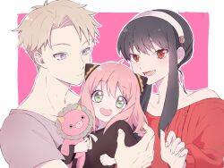  1boy 2girls adoptive_parent_and_adoptive_child anya_(spy_x_family) balcony bare_shoulders blonde_hair blue_eyes carrying carrying_person commentary_request director_chimera_(spy_x_family) family father_and_daughter green_eyes hairband hairpods holding holding_stuffed_toy husband_and_wife mother_and_daughter multiple_girls off_shoulder pink_hair red_eyes sidelocks spy_x_family stuffed_toy toco_(love-hmhm-tocotoco) twilight white_hairband yor_briar 