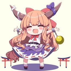  1girl ^_^ absurdres arms_up belt black_shoes blue_overskirt blue_skirt blush bow brown_hair chain closed_eyes commentary cuffs deformed drooling footwear_bow full_body giant giantess hair_bow highres horns ibuki_suika liefeng_dm long_hair low-tied_long_hair mouth_drool multiple_torii oni orb outstretched_arms pointy_ears red_bow shackles shirt shoes skirt sleeveless sleeveless_shirt smile socks torii torn_clothes torn_shirt touhou very_long_hair white_background white_shirt white_socks 