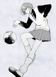  1girl asymmetrical_hair carrie-chan carrie_(song) collared_shirt earth_(planet) floating full_body giant giantess grey_background grin hand_on_own_hip hand_up highres knee_up long_sleeves looking_at_viewer loose_socks monochrome necktie planet pleated_skirt red_eyes school_uniform shirt shoes short_hair single_sidelock skirt smile socks solo spot_color sweater_vest uwabaki wing_collar ym0827ab 