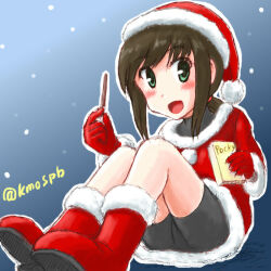  1girl black_bodysuit black_hair bodysuit boots breasts coat fubuki_(kancolle) fur-trimmed_boots fur-trimmed_coat fur-trimmed_headwear fur_trim gloves green_eyes hat kantai_collection kotobuki_(kmo) low_ponytail medium_breasts ponytail red_boots red_coat red_gloves red_hat santa_costume santa_hat sidelocks solo twitter_username 