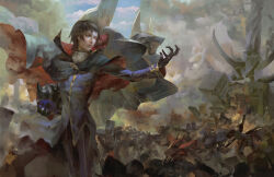  1boy battle black_hair cape christian_angel clouds code_geass destruction helmet highres holding holding_unworn_helmet lelouch_vi_britannia mecha outstretched_hand robot smoke unworn_headwear unworn_helmet zero_(code_geass) 