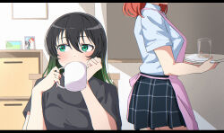  2girls absurdres apron black_hair black_shirt black_skirt blue_shirt blush chair coffee_mug collared_shirt commentary_request cowboy_shot cup drawer dress_shirt drinking_glass gradient_hair green_eyes green_hair hand_on_own_cheek hand_on_own_face highres holding holding_cup holding_tray indoors long_hair looking_to_the_side love_live! love_live!_nijigasaki_high_school_idol_club medium_hair miniskirt mug multicolored_hair multiple_girls nijigasaki_school_uniform on_chair orange_hair photo_(object) picture_frame pink_apron plaid_clothes plaid_skirt pleated_skirt school_uniform shirt short_sleeves sitting skirt summer_uniform t-shirt takasaki_yu tray uchuu_no_mozuku uehara_ayumu walking 