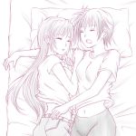  bed closed_eyes drool long_hair lowres mahou_shoujo_lyrical_nanoha mahou_shoujo_lyrical_nanoha_strikers midriff monochrome multiple_girls pillow purple short_hair sleeping subaru_nakajima t-shirt teana_lanster 