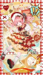  ! !! 1girl ^^^ absurdres animal ankle_socks apple argyle_clothes argyle_sweater black_bow black_bowtie bonnet border bow bowtie brown_eyes cake cake_slice capelet cat cherry chinese_commentary cloak clothed_animal commentary_request dot_nose dress ear_covers falling flower food food-themed_clothes footwear_bow fork frilled_dress frilled_headwear frilled_sleeves frilled_socks frilled_wrist_cuffs frills fruit full_body hair_bow hair_flower hair_ornament halftone halftone_background hat hat_bow heart highres holding holding_plate hood hood_up hooded_cloak infinity_nikki lace-trimmed_dress lace-trimmed_headwear lace_trim light_blush long_hair looking_ahead low_twintails mary_janes medium_dress menu momo_(nikki) navel neck_ruff nikki_(nikki) nikki_(series) o_o open_mouth orange_bow orange_bowtie outline outside_border pinafore_dress pink_hair plaid_border plate puffy_short_sleeves puffy_sleeves raised_inner_eyebrows red_bonnet red_border red_bow red_capelet red_dress red_shoes shirt shoes short_sleeves signature sijiu_49 sleeveless sleeveless_dress socks speech_bubble spoken_exclamation_mark spoken_x striped_bow surprised sweater sweet_memories_(infinity_nikki) traditional_bowtie twintails two-tone_bow two-tone_dress wavy_hair whis whiskers white_cat white_outline white_shirt white_wrist_cuffs wrist_cuffs yellow_background yellow_bow yellow_cloak yellow_dress yellow_flower 