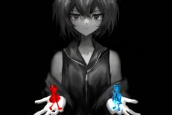  3others androgynous bare_shoulders black_background boots chinese_commentary collared_shirt dot_nose english_commentary expressionless greyscale hair_between_eyes highres holding holding_mini_person hood hood_up jacket jacket_partially_removed len&#039;en long_sleeves mini_person mixed-language_commentary monochrome multiple_others no_headwear other_focus shirt shitodo_aoji shitodo_hooaka shitodo_kuroji short_hair shorts simple_background size_difference sleeveless sleeveless_shirt spot_color straight-on the_matrix tsurime violet_eyes yancao_(pixiv_103434280) zipper 