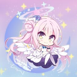  1girl angel_wings black_bow black_scrunchie black_shoes blue_archive blue_background blue_bow blue_bowtie blush_stickers bow bowtie capelet chibi chibi_only chinese_commentary closed_mouth commentary dress dress_bow eyes_visible_through_hair feathered_wings floating_hair flower footwear_bow full_body fuyou_lev grey_background hair_between_eyes hair_bun hair_flower hair_ornament hair_scrunchie halo hand_up highres index_finger_raised knees_together_feet_apart long_hair looking_at_viewer low_wings mika_(blue_archive) outline pantyhose pink_background pink_hair pink_halo purple_flower scrunchie shoes sidelocks simple_background single_side_bun skirt_hold smile solo sparkle split_mouth very_long_hair white_capelet white_dress white_outline white_pantyhose white_wings wings yellow_eyes 