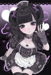  1girl :3 aegyo_sal black_dress black_eyes black_nails black_wings blush bow closed_mouth cowboy_shot dress from_above grey_arm_warmers hair_between_eyes hair_bow hand_up hashtag-only_commentary hat highres jewelry jirai_kei looking_at_viewer motsu_(timotimo451) multiple_hair_bows necklace nurse_cap original purple_bow smile solo twintails w wings yami_kawaii 