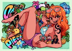  bikini breasts brook_(one_piece) food franky_(one_piece) fruit giant giantess ice_cream jinbe_(one_piece) midriff monkey_d._luffy nami_(one_piece) nico_robin one_piece roronoa_zoro sanji_(one_piece) smile swimsuit sword tongue tongue_out tony_tony_chopper usopp weapon z_zmag8 