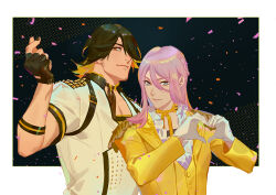  2boys black_gloves black_hair black_nails border braid commentary_request confetti gloves green_eyes hachisuka_kotetsu hair_between_eyes hair_over_one_eye heart heart_hands jacket light_smile long_hair long_sleeves male_focus multiple_boys nagasone_kotetsu ncww_rinichi pectoral_cleavage pectorals pink_hair ribbon shirt snapping_fingers studded_jacket touken_ranbu upper_body white_border white_gloves white_shirt yellow_ribbon 