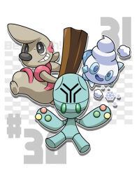  black_eyes blue_eyes blue_sclera bright_pupils colored_sclera commentary_request drop_shadow elgyem green_eyes grin holding kumano_sakunosuke open_mouth outline pokemon pokemon_(creature) pokemon_focus smile snowflakes teeth timburr vanillite white_outline white_pupils wooden_beam 