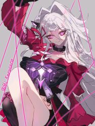  1girl absurdres bare_shoulders black_gloves breasts clothing_cutout crossed_bangs dress elbow_gloves ga_isuto46563 gloves grey_eyes grey_hair hair_between_eyes highres honkai_(series) honkai_impact_3rd long_hair looking_at_viewer navel pantyhose simple_background solo thelema_nutriscu thelema_nutriscu_(mad_pleasure:_shadowbringer) very_long_hair 