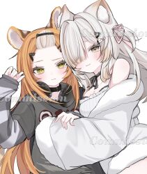  1girl :3 absurdres animal_ears black_bra black_collar black_ribbon black_shirt blonde_hair blush bra cat_ears coat collar colored_tips cuddling cweamcat dog_hair_ornament fang green_eyes grey_shirt hair_ornament hair_over_one_eye hairclip hand_on_another&#039;s_arm hand_up headphones headphones_around_neck highres hug indie_virtual_youtuber jacket long_hair looking_at_viewer moofie_(vtuber) multicolored_hair neck_ribbon orange_hair pink_ribbon pout ribbon shirt skin_fang sleeveless sleeveless_shirt solo star_(symbol) striped_clothes striped_shirt tiger_ears tiger_girl torn_clothes torn_shirt underwear virtual_youtuber white_background white_coat white_hair white_shirt yellow_eyes 