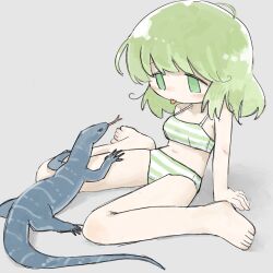  1girl barefoot blush bra choppy_bangs green_eyes green_hair grey_background highres lizard medium_hair monitor_lizard navel no_nose original panties sitting solo striped_bra striped_clothes striped_panties tareme tongue tongue_out tsukumizu_yuu underwear underwear_only wariza 