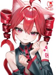 1girl :3 ahoge animal_ears arm_tattoo arms_up bare_shoulders black_shirt cat_ears cat_tail closed_mouth collared_shirt commentary commentary_request detached_sleeves drill_hair highres kasane_teto kasane_teto_(utau) looking_at_viewer multicolored_shirt number_tattoo paw_print paw_tattoo portrait ravukurahuto_2d red_eyes red_hair red_tail shirt signature simple_background smile solo symbol-only_commentary tail tattoo text_tattoo twin_drills twintails utau white_background