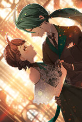  00kashian00 2girls :o ahoge alternate_costume androgynous black_gloves black_hair black_jacket black_necktie black_skirt blurry blurry_background bright_pupils brown_hair clothing_cutout collared_shirt commentary_request dress dutch_angle ear_piercing earrings evening_gown eye_contact formal_clothes from_side gloves green_hair green_ribbon grin half_updo hand_on_another's_back highres holding_hands interlocked_fingers jacket jewelry juliana_(pokemon) lace lace_shirt light_blush light_particles long_sleeves looking_at_another low_ponytail multiple_girls neck_ribbon necktie orange_eyes piercing pokemon pokemon_sv ponytail profile red_eyes reverse_trap ribbon rika_(pokemon) shirt short_hair shoulder_cutout skirt smile swept_bangs tomboy upper_body white_pupils white_shirt yuri 