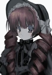  1girl black_bonnet black_bow black_dress black_eyes blurry blush bonnet bow closed_mouth depth_of_field dress drill_hair expressionless gothic_lolita grey_bow highres lolita_fashion long_hair nemu_(zutto_oyasu3) original red_hair simple_background solo twin_drills white_background 