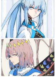  1boy 1girl artist_name blue_eyes braid butterfly_wings chest_spike crown expressionless fate/grand_order fate_(series) from_side grey_eyes grey_hair hair_between_eyes highres insect_wings ki_wa001 long_hair looking_to_the_side medium_hair morgan_le_fay_(fate) morgan_le_fay_(queen_of_winter)_(fate) sidelocks tree upper_body white_hair wings 