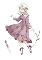  1girl ankle_cuffs blonde_hair breasts closed_eyes collar dress flower flower_request frills hair_between_eyes hat highres long_dress long_sleeves maribel_hearn mob_cap open_mouth poteimo_(poteimo622) purple_dress purple_shoes shoes short_hair simple_background touhou white_background white_collar white_hat 