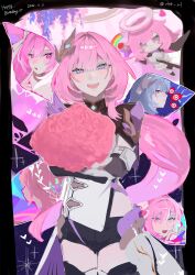  2girls black_boots black_shorts black_shrug blue_hair boots bouquet commentary_request corset dated elf_elysia elysia_(herrscher_of_human:_ego)_(honkai_impact) elysia_(hi_love_elf)_(honkai_impact) elysia_(honkai_impact) elysia_(miss_pink_elf)_(honkai_impact) four-finger_heart_hands hair_ornament halo happy_birthday heart heart_hands herrscher_of_corruption highres holding holding_bouquet honkai_(series) honkai_impact_3rd long_hair multicolored_hair multiple_girls pink_eyes rlrlr_rl short_shorts shorts shrug_(clothing) smile thighs twitter_username two-tone_hair very_long_hair white_corset white_hair 