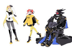  2girls aiba_ami alphamon arm_up black_boots black_helmet black_jacket black_pants black_pantyhose black_skirt blonde_hair boots chinese_commentary commentary_request dawu233 digimon digimon_(creature) digimon_story:_cyber_sleuth eyewear_on_head helmet high_heel_boots high_heels highres jacket jewelry kuremi_kyouko long_hair multiple_girls pants pantyhose pendant red_hair shirt side_ponytail simple_background sitting sketch skirt standing sunglasses white_background white_jacket white_shirt yellow_cloak 