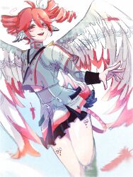  1girl ahoge alt_text belt black_belt buttons double-breasted double-parted_bangs drill_hair ear_wings feathered_wings feathers fingernails grey_jacket grey_skirt hair_between_eyes hair_ribbon highres jacket kasane_teto kasane_teto_(sv) layered_sleeves long_sleeves looking_at_viewer midriff_peek nail_polish red_eyes red_hair red_nails red_trim ribbon rikuyami_0330 short_hair short_over_long_sleeves short_sleeves shoulder_belt skirt skirt_set sleeve_cuffs smile synthesizer_v twin_drills twintails utau white_background white_ribbon white_wings wings 