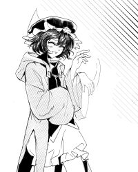  1other ^_^ absurdres afterimage androgynous blush_stickers buttons chinese_commentary closed_eyes coattails collared_shirt commentary_request cowboy_shot detached_hood english_commentary frilled_headwear frilled_shorts frills happy hat high_collar highres hood hood_down hooded_jacket jacket len&#039;en light_blush long_sleeves mixed-language_commentary mob_cap motion_lines open_clothes open_jacket open_mouth other_focus pointy_nose puffy_shorts shirt shitodo_kuroji shorts simple_background single_blush_sticker smile solo standing striped_background triangular_headpiece waving white_background wide_sleeves yancao_(pixiv_103434280) zipper 