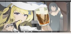  2girls absurdres beer_mug blonde_hair blue_eyes chopsticks commentary cup eating fley-lan food hair_ornament hat highres holding holding_chopsticks holding_cup holding_with_chopsticks long_hair looking_at_viewer mug multiple_girls phoebe_(wuthering_waves) shrimp shrimp_tempura solo_focus tempura white_hat wuthering_waves x_hair_ornament 