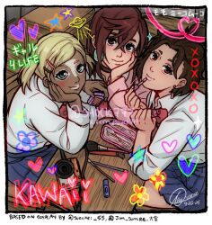  3girls applying_makeup ayase_momo black_choker blonde_hair blue_eyes blue_skirt bow bowtie brown_eyes brown_hair camera choker closed_mouth collared_shirt crossed_bangs dandadan dark-skinned_female dark_skin dated desk earrings elbow_rest friends ganguro gyaru gyaru_makeup hair_between_eyes hair_bun hair_ornament hairclip hand_on_own_cheek hand_on_own_face head_rest heart indoors jewelry kami_high_school_uniform lips looking_at_viewer makeup makeup_brush miko_(dandadan) miniskirt mixed-language_commentary muko_(dandadan) multiple_girls photo-referenced pink_sweater pleated_skirt red_bow red_bowtie school_desk school_uniform shirt shirt_under_sweater shock777 signature sitting skirt sparkle star_(symbol) sweater twintails twitter_username ufo white_shirt 