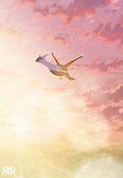  absurdres alternate_color artist_name clouds flying green_eyes highres latias lens_flare no_humans orange_sky pokemon pokemon_(creature) r3dfive scenery shiny_pokemon sky sparkle sunset 