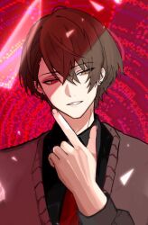  1boy black_shirt brown_eyes brown_hair brown_sweater carrie_(song) collared_shirt earrings grin heterochromia hoop_earrings jewelry kagami_hayato looking_down male_focus necktie nijisanji partially_shaded_face red_eyes red_necktie shirt short_hair single_empty_eye smile solo sweater upper_body 