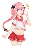  1boy astolfo_(fate) bangs black_bow blush bow braid collarbone commentary_request eating_(artist) eating_(eetw7887) eyebrows_visible_through_hair fang fate/grand_order fate_(series) hair_bow hair_intakes hair_ribbon highres long_braid long_hair looking_at_viewer male_focus multicolored_hair open_mouth otoko_no_ko pink_hair ribbon simple_background single_braid smile solo streaked_hair thigh-highs violet_eyes white_background 