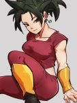  1girl arm_support arms_at_sides black_eyes black_footwear black_hair bracelet breasts collarbone crop_top dragon_ball dragon_ball_super earrings feet_out_of_frame fingernails grey_background half-closed_eyes head_tilt high_ponytail jewelry kefla_(dragon_ball) kemachiku large_breasts leg_up light_smile looking_at_viewer midriff muscle pants ponytail potara_earrings red_pants shaded_face shiny shiny_hair short_sleeves simple_background sitting solo spiky_hair 