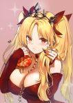  1girl alraco bangs blonde_hair blush box breasts ereshkigal_(fate/grand_order) fate/grand_order fate_(series) gift gift_box heart-shaped_box highres holding holding_gift long_hair looking_at_viewer parted_bangs red_eyes solo tiara two_side_up valentine 