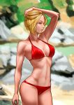  1girl bikini blonde_hair blue_eyes blue_mary breasts closed_mouth commentary_request fatal_fury highres midriff navel red_bikini ryohhe short_hair solo swimsuit the_king_of_fighters 